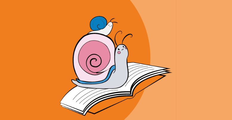 disegno di lumaca con una lumachina sul guscio posizionate su un libro
